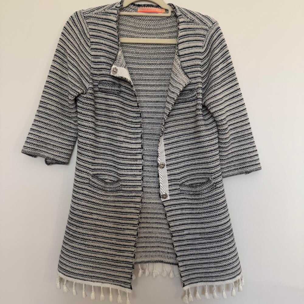 Vilagallo Wool Blend Striped Tassel Hem Cardigan Boho Chic Ivory Navy - Small